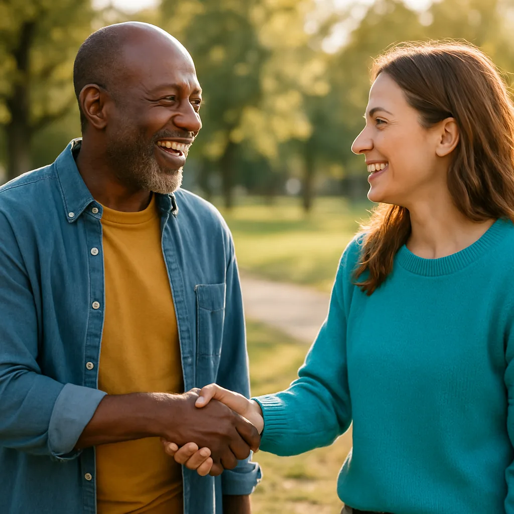 Two people meeting at a local park — genuinely local Cheshire dating