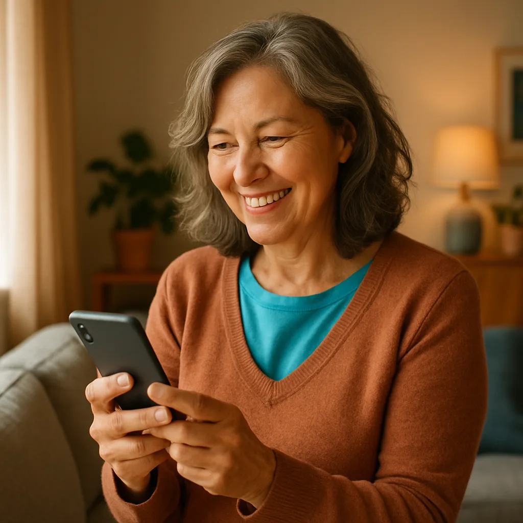 Smiling woman confidently checking her phone — verified profiles on The Cheshire Dating Site